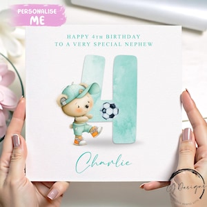 Cartão de aniversário personalizado para sobrinho, cartão com número de urso de futebol verde, 1º, 2º, 3º, 4º, 5º, 6º, 7º, 8º, 9º e 10º com nome, idade de 1 a 10 anos