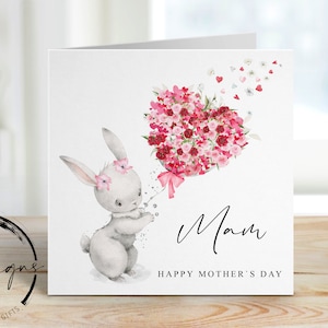 Carte de fête des mères mam - lapin mignon avec ballon coeur fleur - carte pour elle, maman, maman, maman, maman, maman, maman