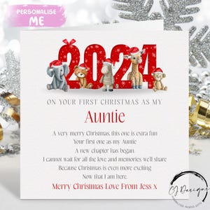 Carte de Noël personnalisée tante 2024 - poème/ verset - animaux safari premier Noël comme ma carte 1er cartes de Noël