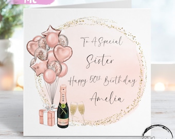 Carte d'anniversaire personnalisée pour sœur, or rose et ballons à thème dorés Tout âge 14ème 15ème 16ème 18ème 21ème 30ème 40ème 50ème 60ème 70ème 80ème 90ème 100ème