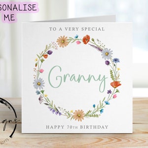 Personalised Granny Birthday Card -Wild Flowers Wreath - Any Age/Wording, Greeting Card  40th, 50th, 60th, 70th 80th 90th 100th