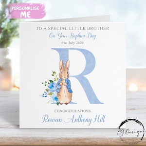 Personalisierte Peter Rabbit Little Brother Taufe Karte, Initial Name und Datum Grußkarte, Taufe Tag Andenken
