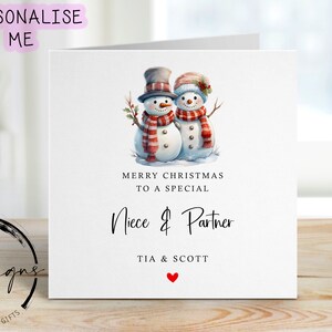 Personalisierte Nichte & Partner Weihnachtskarte -Schneemann Paar Karte und rotes Herz