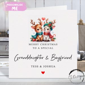 Carte de Noël personnalisée pour petite-fille et petit ami - Carte pour couple de femmes rennes amoureux et coeur rouge