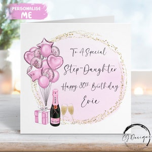 Gepersonaliseerde verjaardagskaart stiefdochter - roze en goud thema met ballonnen elke leeftijd 15e 16e 17e 18e 19e, 21e 30e 40e 50e 60e 70e