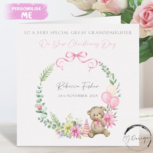 Carte de baptême personnalisée arrière-petite-fille, ours en peluche à cadre floral rose/vert - carte de voeux avec nom et date, souvenir du jour de baptême