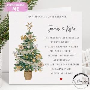 Biglietto di Natale personalizzato con poesia per figlio e partner - Biglietto di Natale - Biglietto con coppia di alberi e cuore rosso e nomi