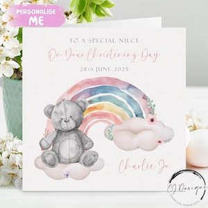 Biglietto di auguri personalizzato per il battesimo della nipote, nome e data, biglietto di auguri con orsetto arcobaleno, ricordo del giorno del battesimo per lei