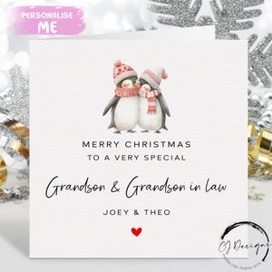 Carte de Noël personnalisée pour petit-fils et beau-fils - Carte couple mâle pingouins et coeur rouge