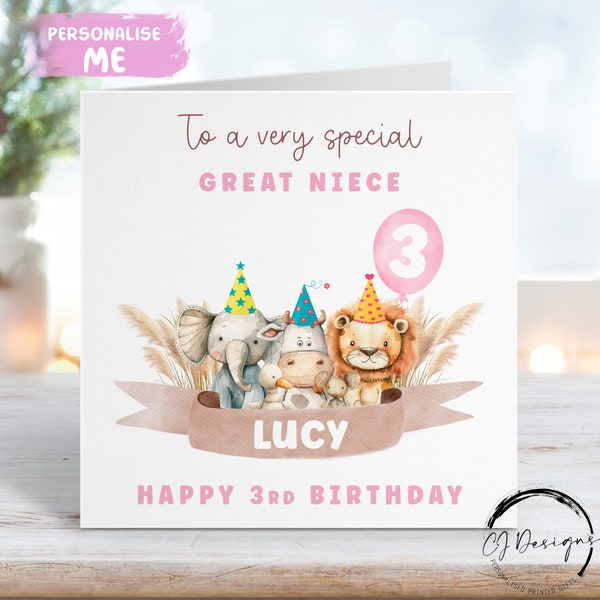 Personalised Great Niece Birthday Card Animal Party Theme Name & Age- For Her ANY AGE 1st 2nd 3rd 4th 5th 6th 7th 8th 9th 10th