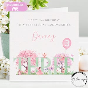 Carte d'anniversaire personnalisée pour filleule rose et fée verte pour le 3e anniversaire - Troisième anniversaire de petite fille