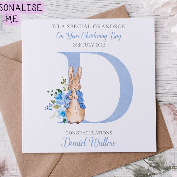 Personalised Peter Rabbit Grandson /Godson Christening Card, Initial Name and Date Greeting Card, Christening Day Keepsake