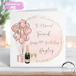 Carte d'anniversaire personnalisée pour amis, or rose et ballons à thème dorés Tout âge 14e 15e 16e 17e 18e 19e 20 21e 30e 40e 50e 60e 70e