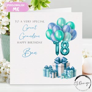 Carte d'anniversaire personnalisée arrière-petit-fils tout âge/nom - bleu/vert ballons âge 15-16 17 18 21 25 30 40 45 50