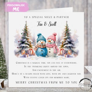Gepersonaliseerde nichtje en partner sneeuwpop paar gedicht kerstkaart met namen paar kaart van mij of ons
