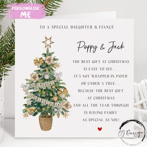 Carte de Noël poème personnalisée fille et fiancé - carte de Noël - carte de couple arbre et coeur rouge et noms