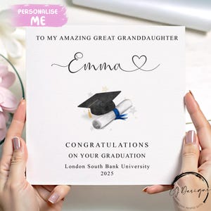 Personalised Great Granddaughter Graduation Card with Blue Ribbon | Name, University & Date | Congratulations Keepsake Card | Class of 2025