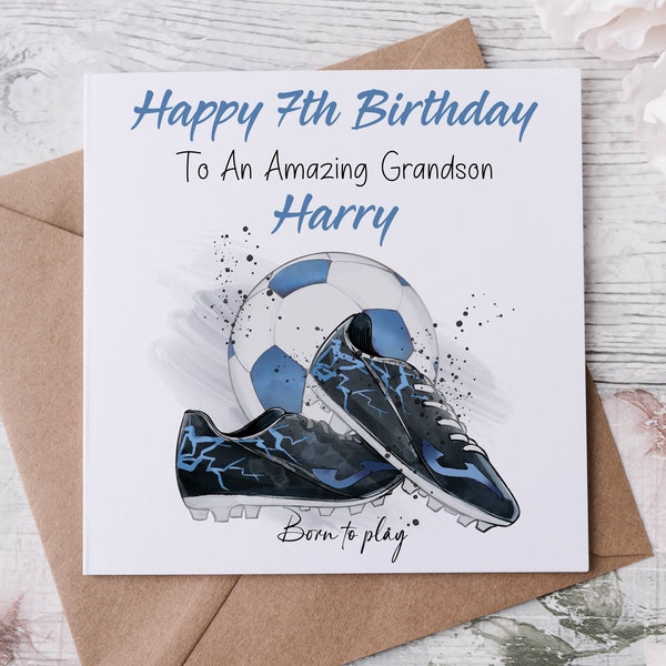 Tarjeta de cumpleaños personalizada para nietos, tarjeta mediana o grande, increíble nombre y edad del amante del fútbol para nietos