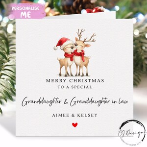 Gepersonaliseerde kerstkaart voor kleindochter en schoondochter - kaart liefdevol rendierenpaar en rood hart
