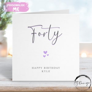 Carte de 40e anniversaire personnalisée - carte de voeux calligraphie imprimée violet et gris tout âge 16e 18e, 21e, 30e 50e 60e, 70e, 80e, 90e,