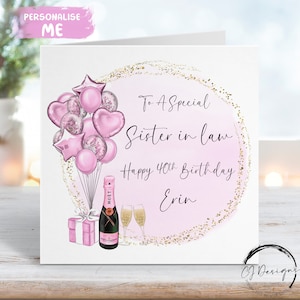 Carte d'anniversaire personnalisée belle-soeur - thème rose et or avec des ballons carte de voeux pour tous les âges 21, 30, 40, 50, 60, 70, 80, 90 ans