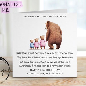 Tarjeta de cumpleaños personalizada con poema de papá oso para hasta 4 niños - Papá y bebé oso CUALQUIER VARIACIÓN Tarjeta para él Nombre y edad