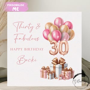 Fabuleuse carte d'anniversaire personnalisée 30 ans, tout âge/nom, ballons roses et dorés numéro 30, 40, 50, 60, 70, 80, 90