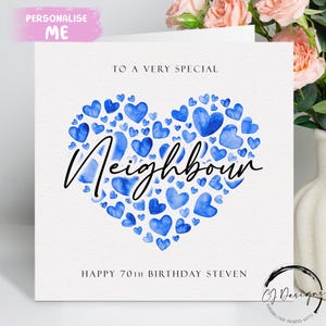 Carte d'anniversaire personnalisée avec un voisin, coeurs bleus, N'IMPORTE QUEL TEXTE/ÂGE/ Prénom 18ème 21ème 30ème 40ème 45ème 50ème 60ème 65ème 70ème 75ème 80ème 85ème 90ème
