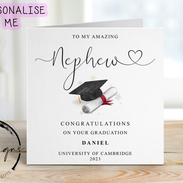 Personalised Nephew Graduation Card- with Cap & Scroll- Name and University Medium or Large card Amazing Nephew