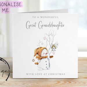 Biglietto di Natale per pronipote - Pupazzo di neve carino e albero con cuori Minimal Cards
