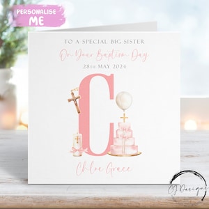 Tarjeta de bautizo personalizada para hermana mayor, tarjeta de felicitación con nombre inicial y fecha, recuerdo del día del bautizo para ella.
