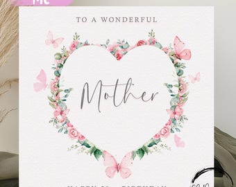 Birthday Card For Mother Personalised Pink Flower & Butterfly Heart Frame Any Age