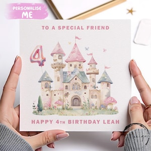 Carte d'anniversaire personnalisée avec un ami, ballon rose de l'âge du château 1er 2e 3e 4e 5e 6e 7e 8e 9e 10e Petite fille 1-10 ans