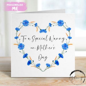 Carte de fête des mères nounou - guirlande de papillons coeur floral fleurs bleues - carte de voeux