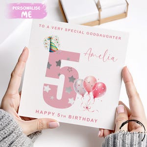 Biglietto di auguri di compleanno personalizzato per figlia, numero rosa e palloncini, età: 1°, 2°, 3°, 4°, 5°, 6°, 7°, 8°, 9° e 10° con nome