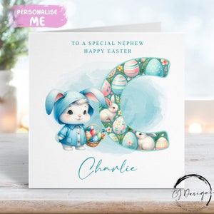 Biglietto pasquale personalizzato per nipote con iniziale e nome - Coniglietto pasquale per ragazzino con illustrazione del cestino - Biglietto per lui