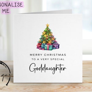 Weihnachtskarte für spezielle Patentochter Weihnachtsbaum mit bunten Geschenken