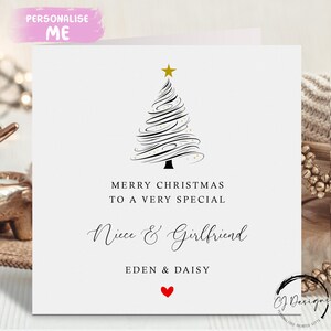 Gepersonaliseerde nichtje en vriendin kerstkaart lijntekeningen minimale kerstboom vrouwelijk stel kaart met namen