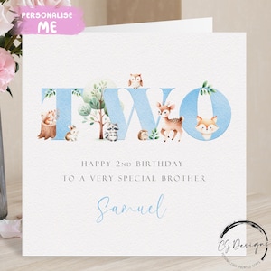 Tarjeta de segundo cumpleaños personalizada para hermano. Tarjeta de cumpleaños con temática de animales del bosque en azul. Segundo cumpleaños.