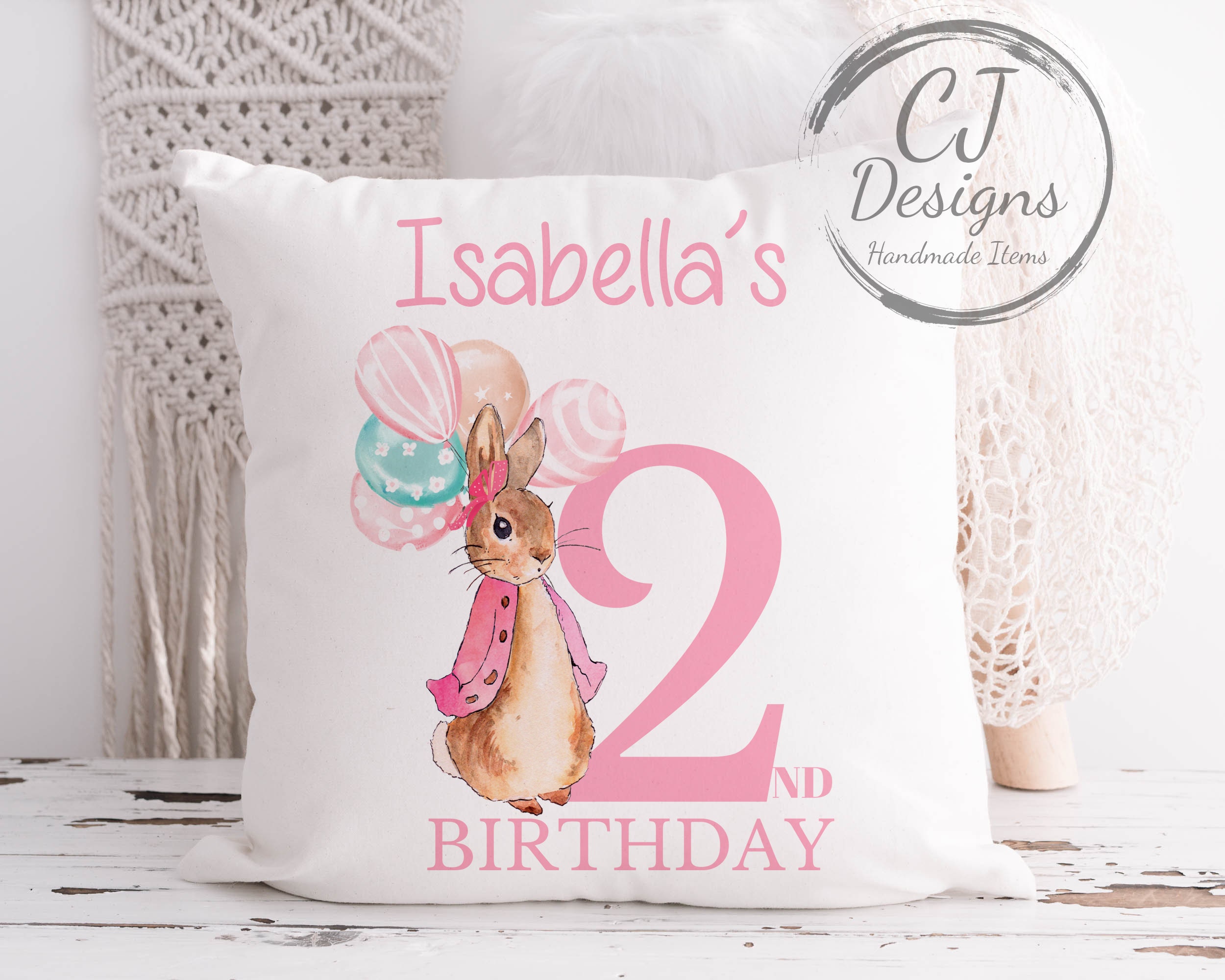 Personalised 2nd Birthday Flopsy Rabbit Pink Water Colour White Super soft Cushion Cover Peter Rabbit ages 1-5