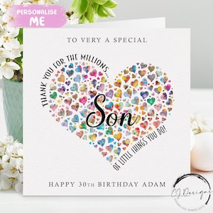 Carte d'anniversaire de fils personnalisée - Merci pour les millions de choses que vous avez faites - Tout âge 16, 18 21 25 30 35 40 50, 60, 65 ans