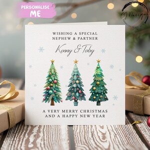 Biglietto di auguri per albero di Natale per nipote e partner, design personalizzato per coppia con messaggio personalizzato, nomi - dimensioni 6 o 8 pollici