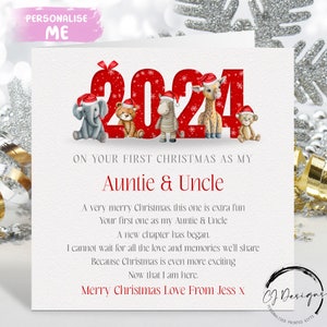 Carte de Noël personnalisée tante et oncle 2024 - carte de Noël poème/ vers - animaux safari premier Noël comme ma carte 1er cartes de Noël