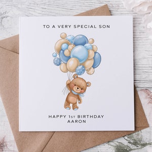 Biglietto di auguri di compleanno personalizzato per figlio con orsetto e palloncini blu, nome e età per lui
