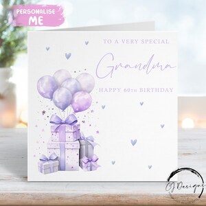 Geburtstagskarte für Oma, lila / lila Designgeschenk, Luftballons für jedes Alter 50 60 65 70 75 80 85 90 95 100
