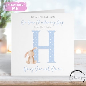 Tarjeta de bautizo personalizada para hijo, con inicial y fecha, tarjeta de felicitación de conejito, recuerdo del bautizo para él.