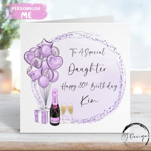 Tarjeta de cumpleaños personalizada para hija con globos morados. Para cualquier edad: 16, 17, 18, 21, 30, 40, 50, 60, 70 y 80 años.