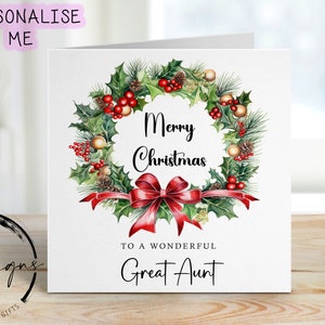 Carte de Noël pour grande tante merveilleuse avec couronne de Noël