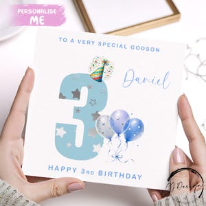 Cartão de aniversário personalizado para afilhado, número azul e balões, aniversário, 1º, 2º, 3º, 4º, 5º, 6º, 7º, 8º, 9º e 10º com nome, idades de 1 a 10 anos