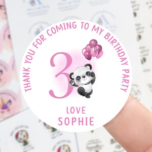 Adesivos de aniversário personalizados-panda com balão rosa saco de festa de aniversário obrigado adesivo-adesivos de cone doce 37mm/45mm /51mm/64mm